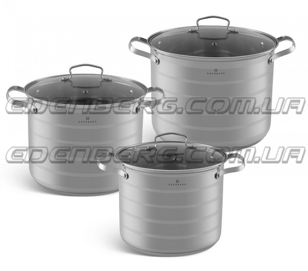 EB-535 Набор глубоких кастрюль из нержавеющей стали со стеклянными крышками 6.8/8.5/10.5 л.