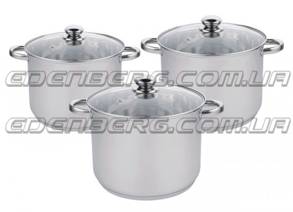 EB-525 Набор кухонных кастрюль из нержавеющей стали со стеклянными крышками 7.2/9.0/11.2 л.