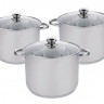 EB-525 Набор кухонных кастрюль из нержавеющей стали со стеклянными крышками 7.2/9.0/11.2 л.