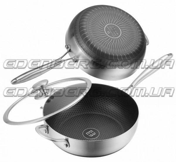 EB-13071 Глибока Сковорода Вок а З Кришкою 24x8,5 см. Внутрішній і Дно - Текстурована Нержавіюча Сталь (Стільниковий)
