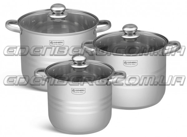 EB-522 Набор кухонных кастрюль из нержавеющей стали со стеклянными крышками 9.0/11.2/13.5 л.
